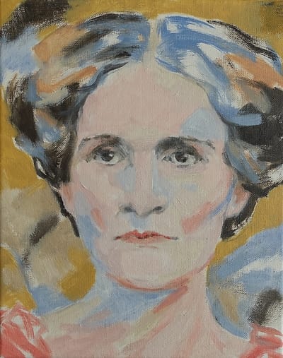 Oil painting, portrait of quack Linda Hazzard.